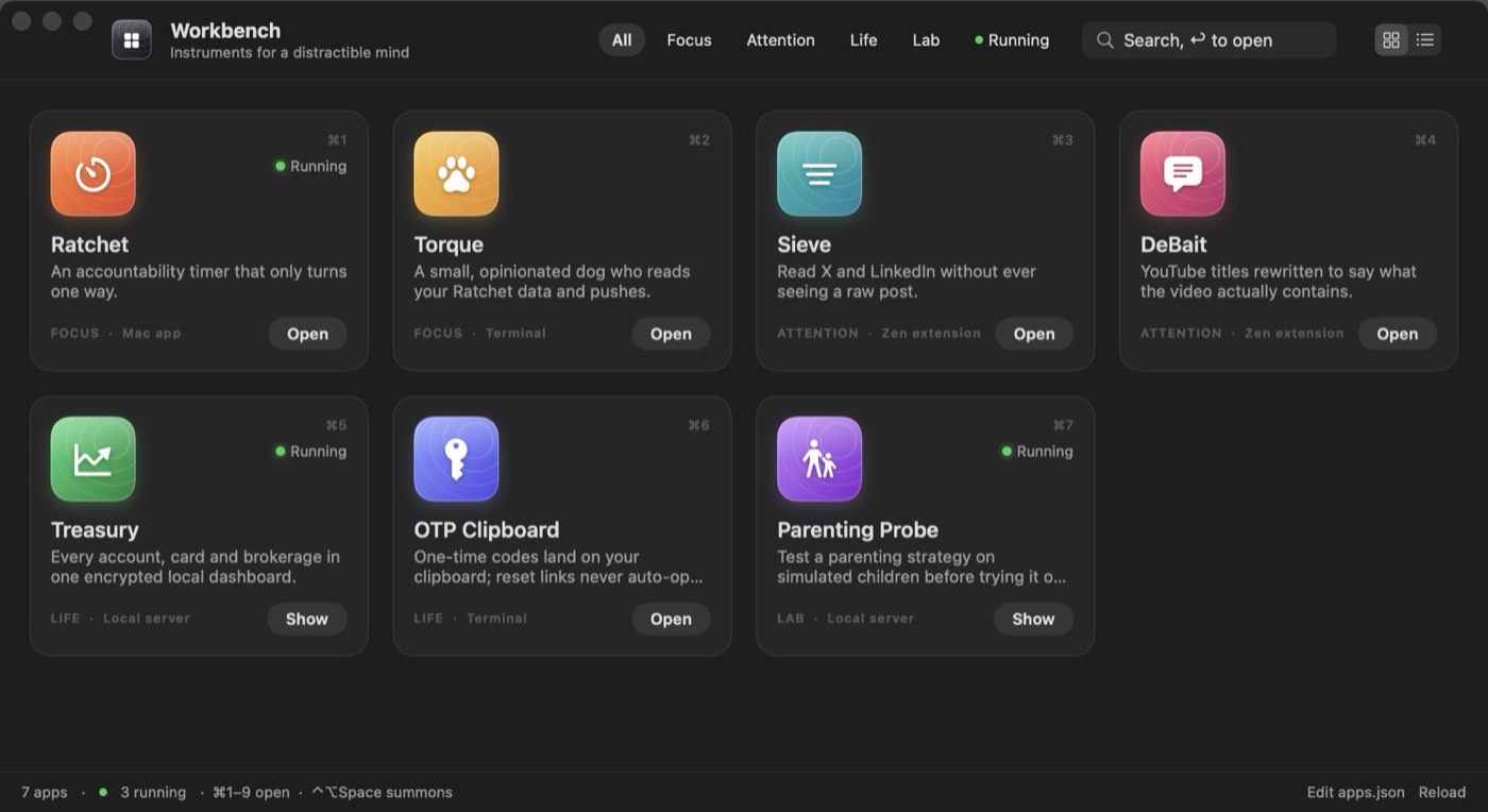 The Workbench launcher: a grid of app icons with names, taglines and Open buttons